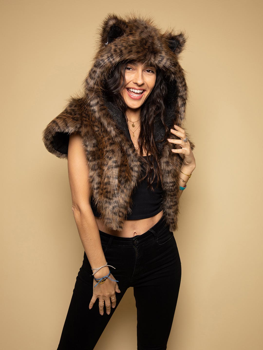 Brown and Black Savannah Cat Faux Fur SpiritHoods Shawl on Female