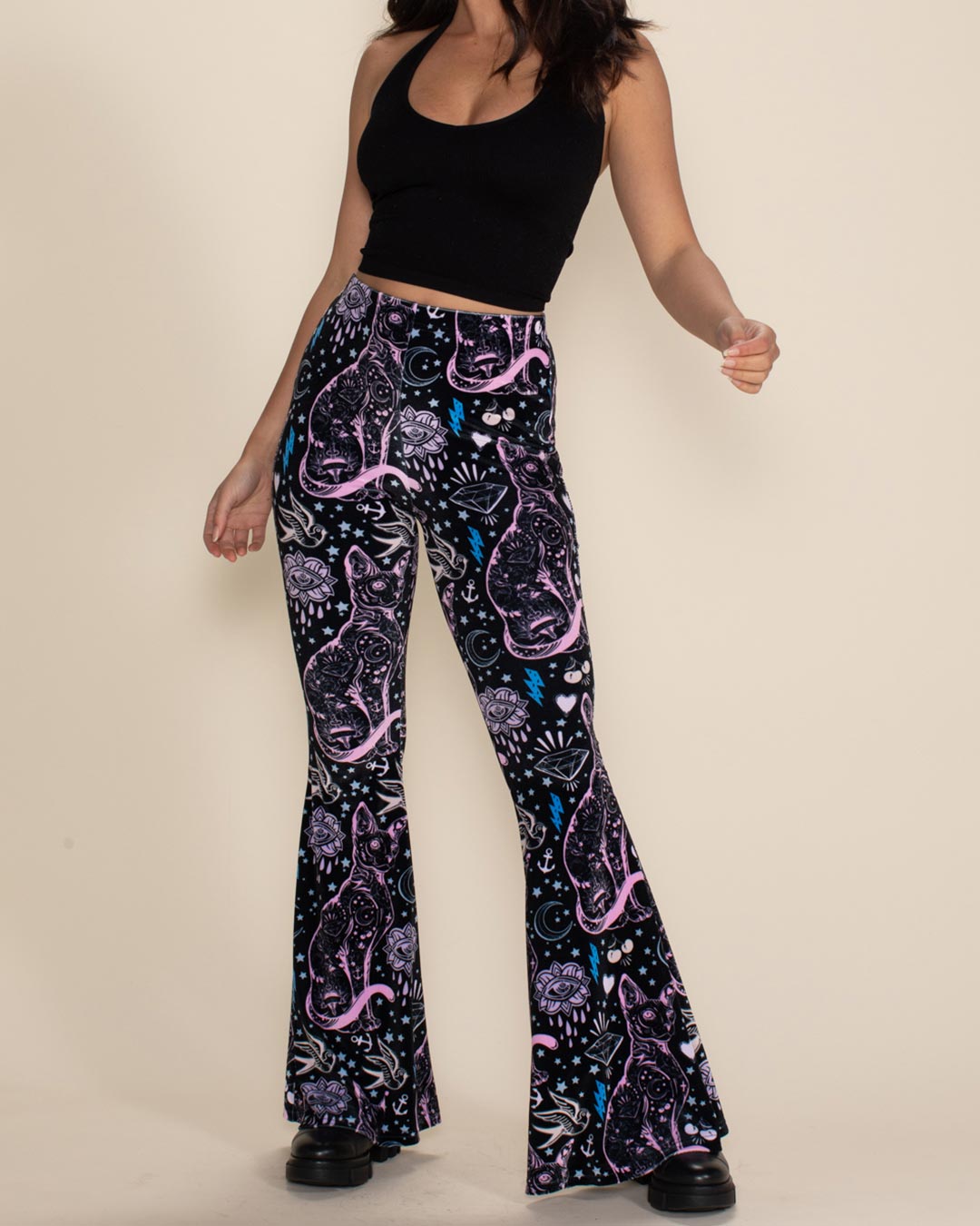 Women&#39;s Velvet Flare Pant | Black and Pink Sailor Kitty