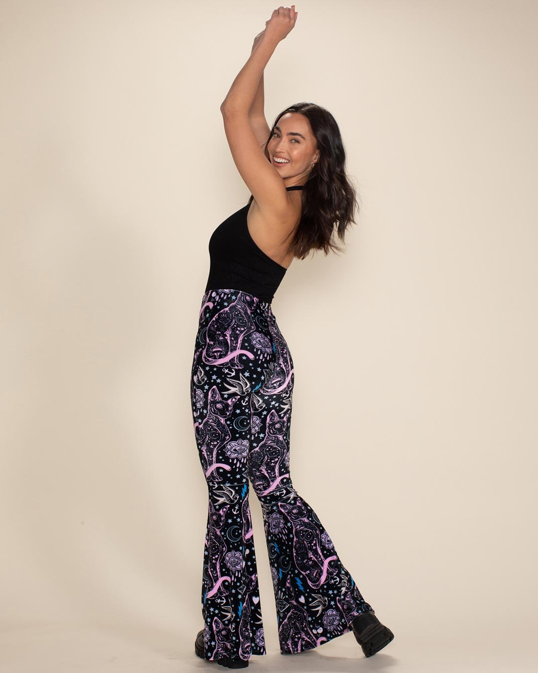 Women's Velvet Flare Pant | Black and Pink Sailor Kitty