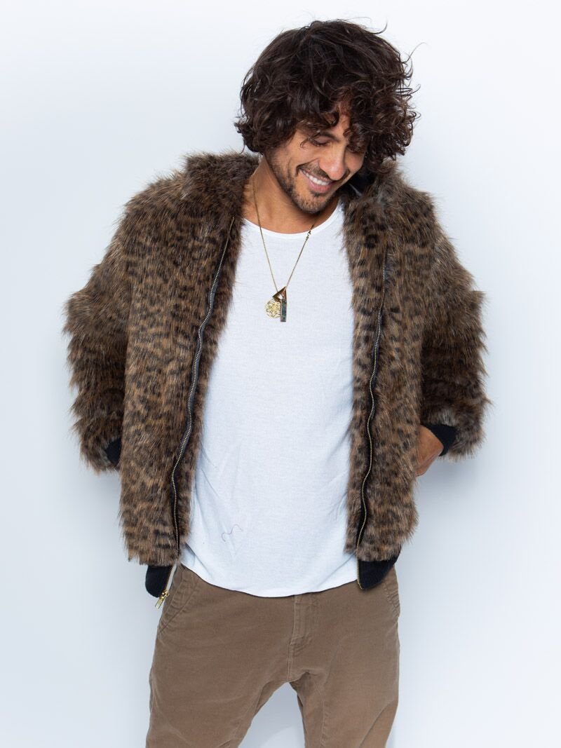 Man wearing Savannah Cat Classic Faux Fur Bomber Jacket, front view 3