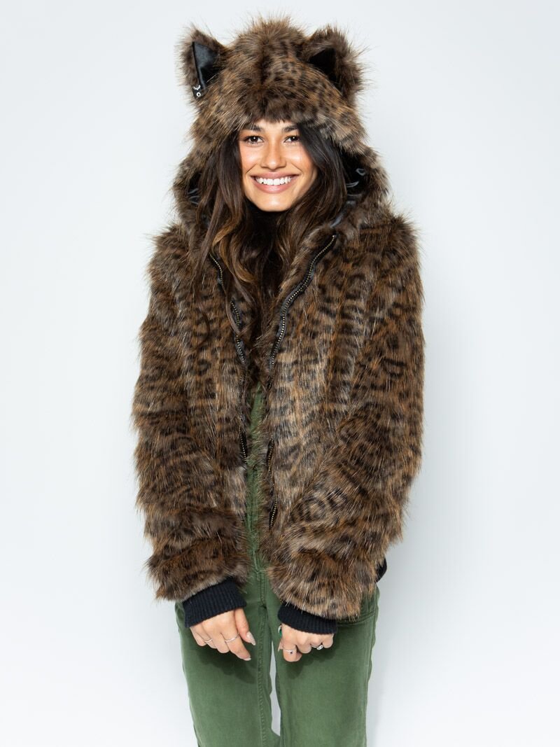 Savannah Cat Faux Fur Bomber Jacket with Hood on Female