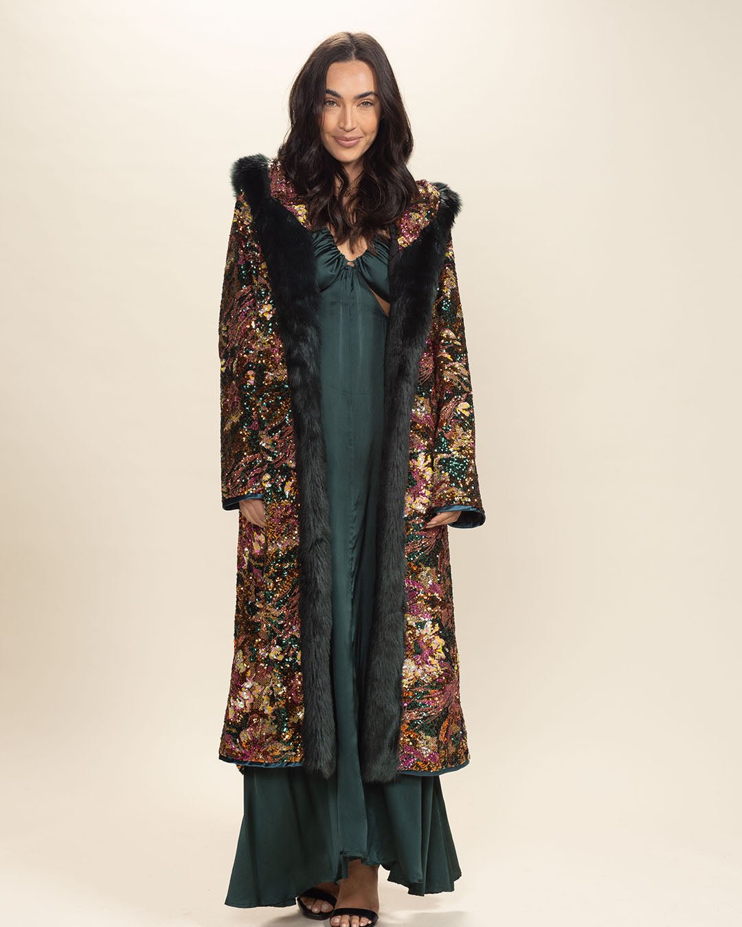 Classic Women's Long Sequin Coat | Oasis Emerald Green