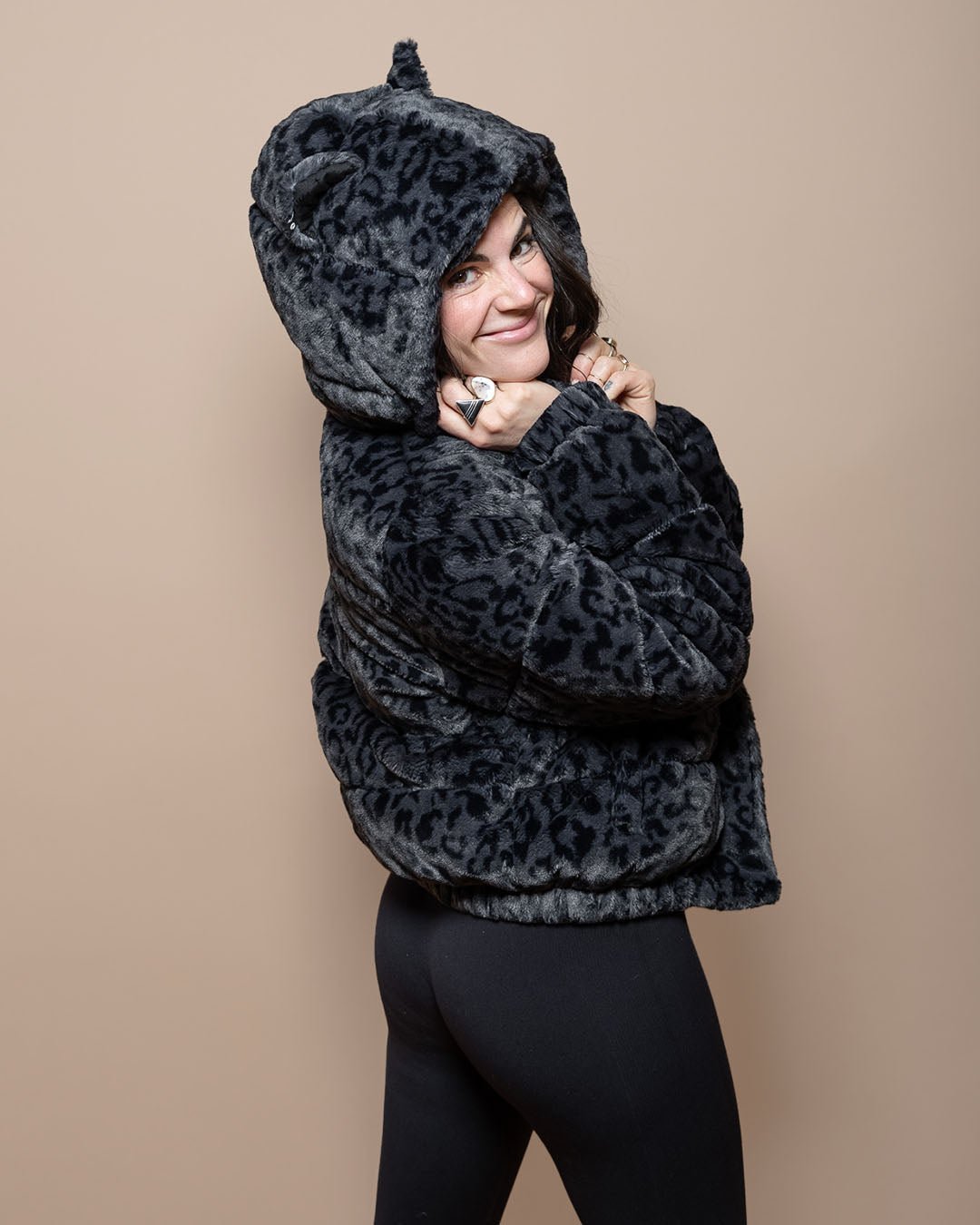 Classic Women&#39;s Black Hooded Puffer Jacket | Slate Leopard