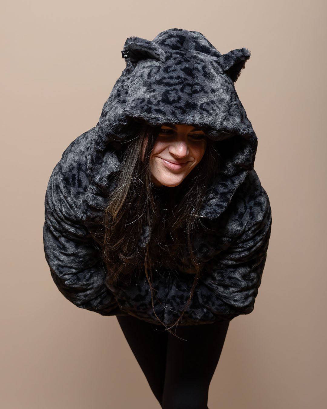 Black Hooded Puffer Jacket Womens Slate Leopard Print SpiritHoods