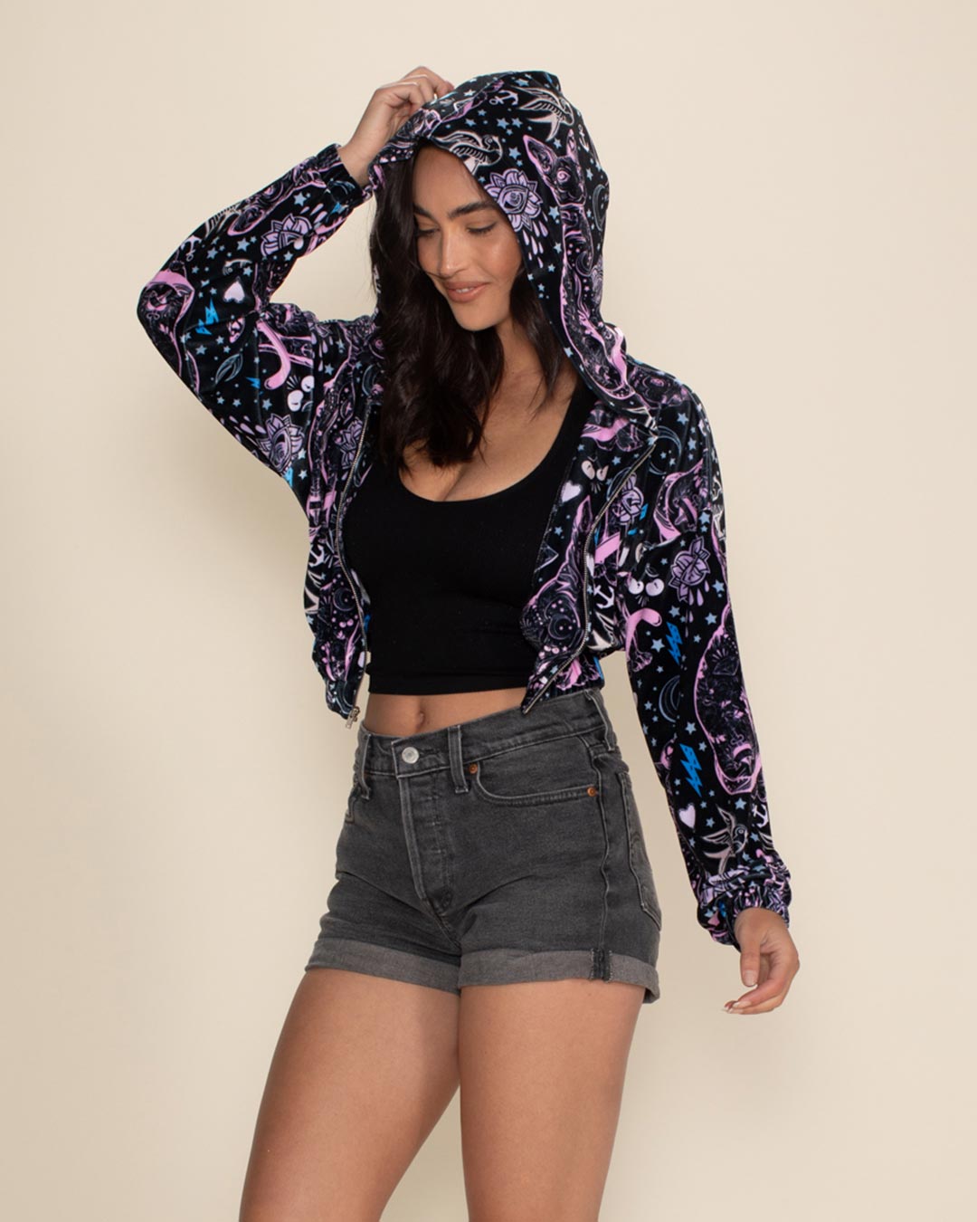 Sacred Sailor Kitty Hooded Velvet Cropped Jacket  | Women's