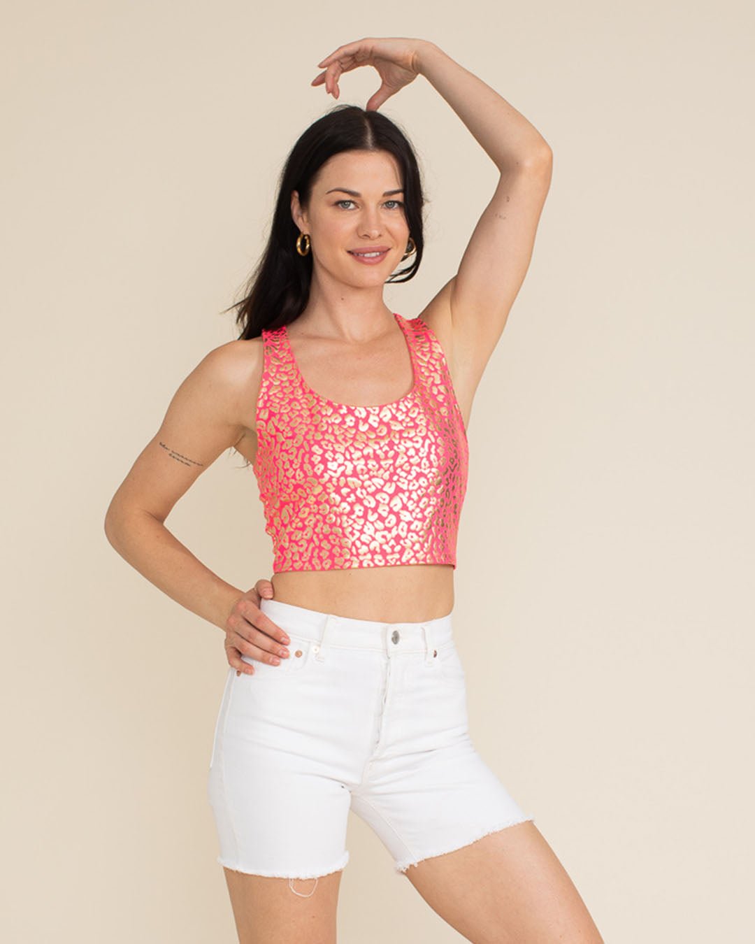 Neon Pink Royal Leopard Foil Crop Tank Top | Women's