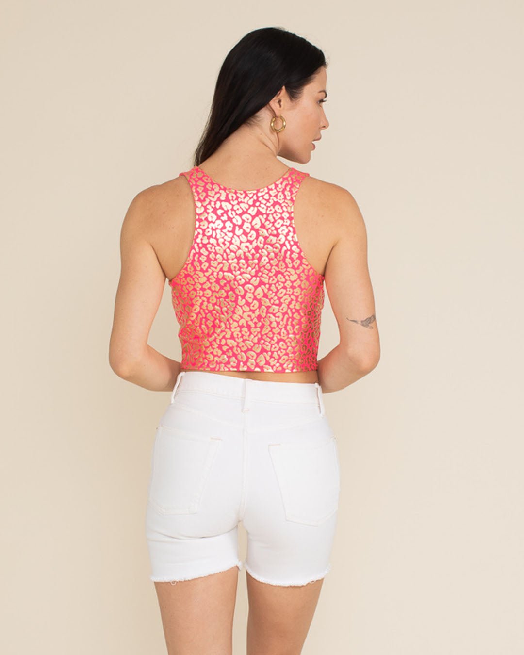 Neon Pink Royal Leopard Foil Crop Tank Top | Women's