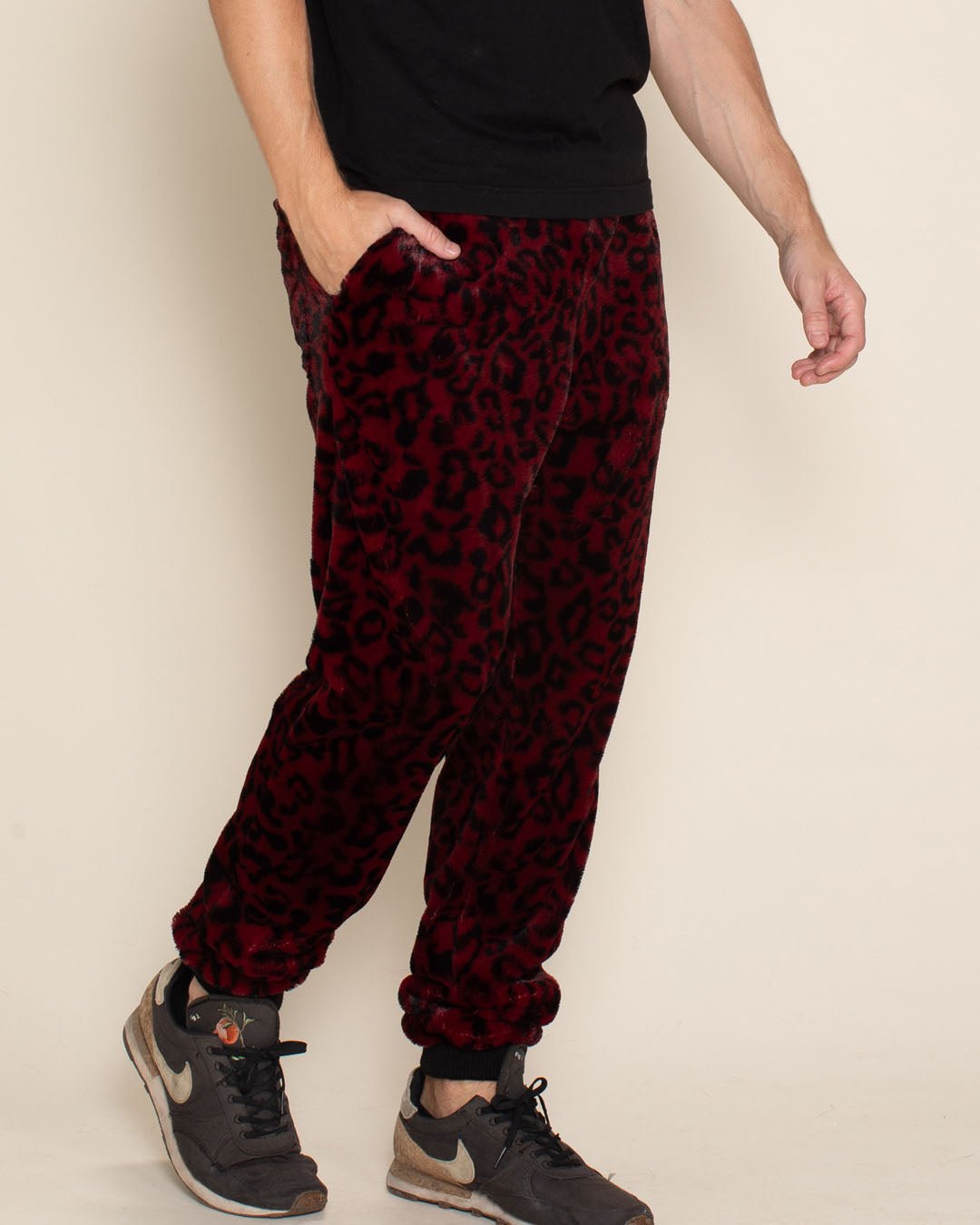 Men's Designer Sweatpants | Red Burgundy Leopard