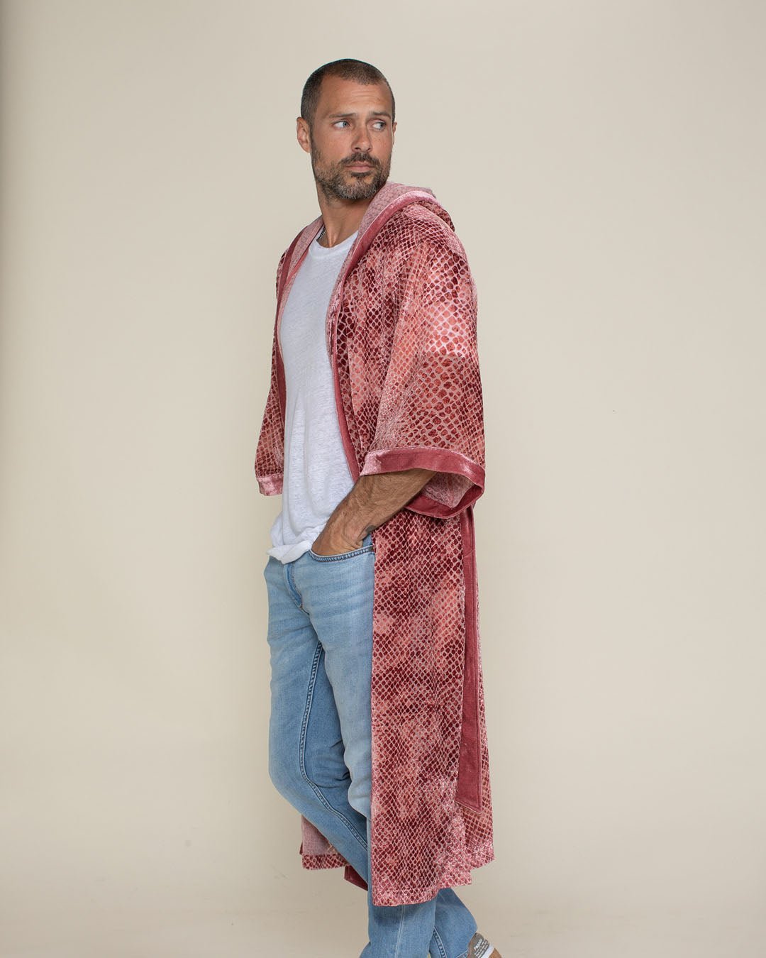 Rose Crocodile Hooded Burnout Velvet Kimono | Men&#39;s