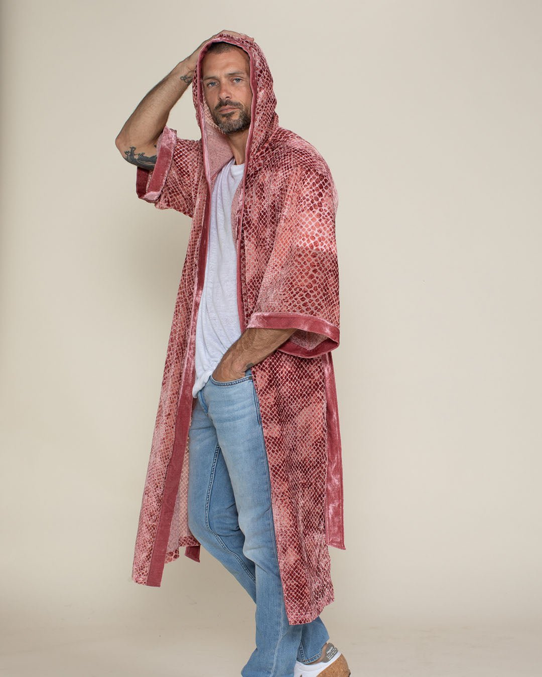 Rose Crocodile Hooded Burnout Velvet Kimono | Men's