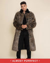 Young male model with hands clasped at the waist, wearing the calf-length Almost Purfect Dire Wolf Faux Fur Coat. Stylish and cozy.