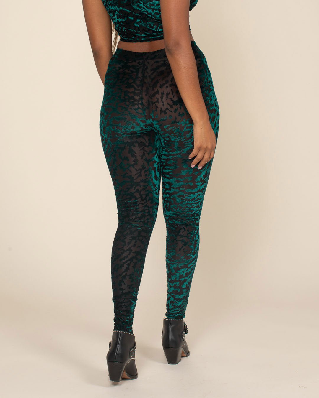 Women's Velvet Leggings | Emerald Green Burnout Tiger