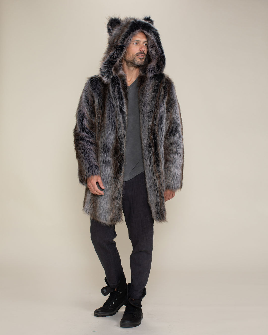 Men's Arctic Wolf Faux Fur Shawl Collar Coat Gifts