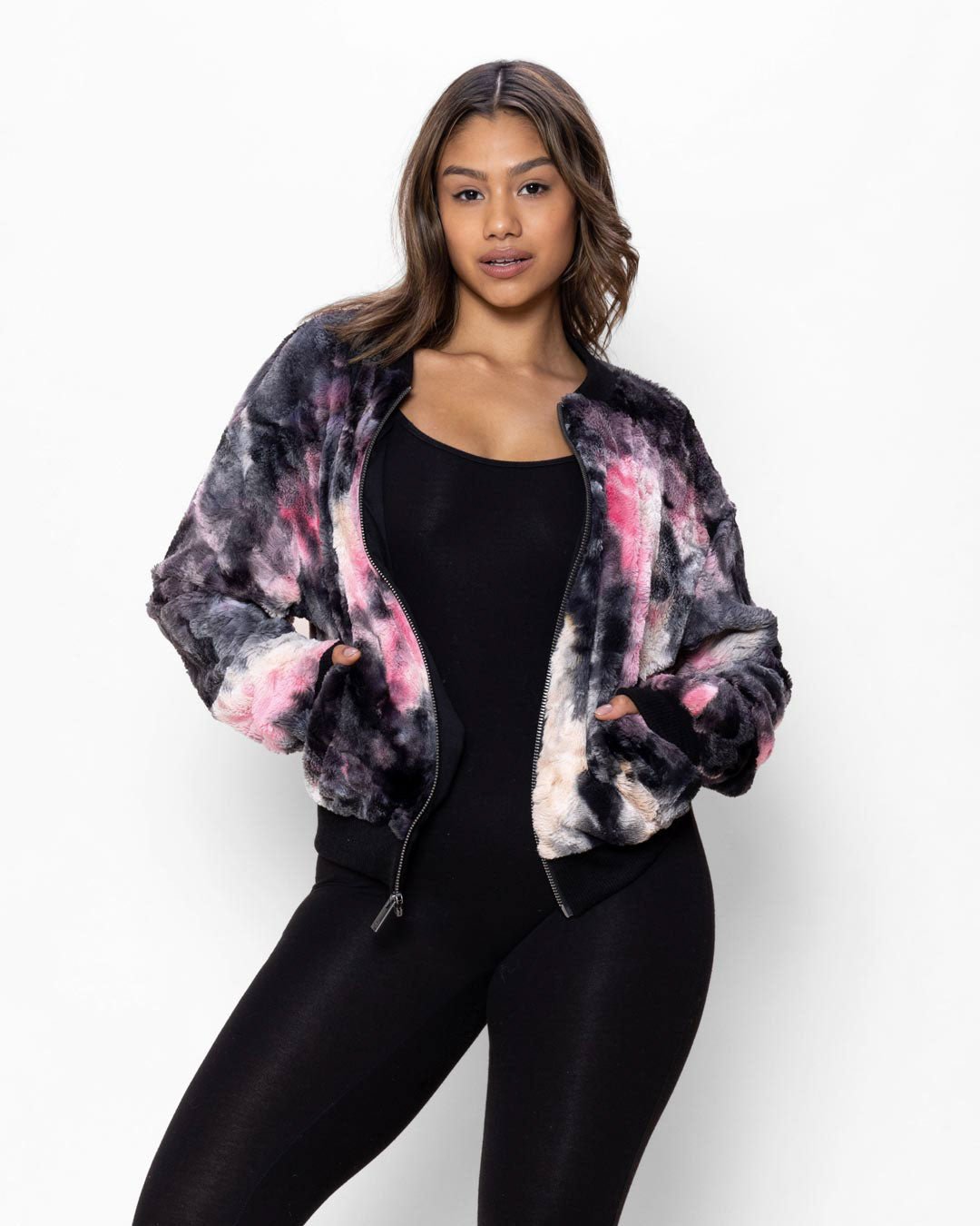 Women&#39;s Colorful Faux Fur Jacket | Ink Spotted Tie Dye Leopard