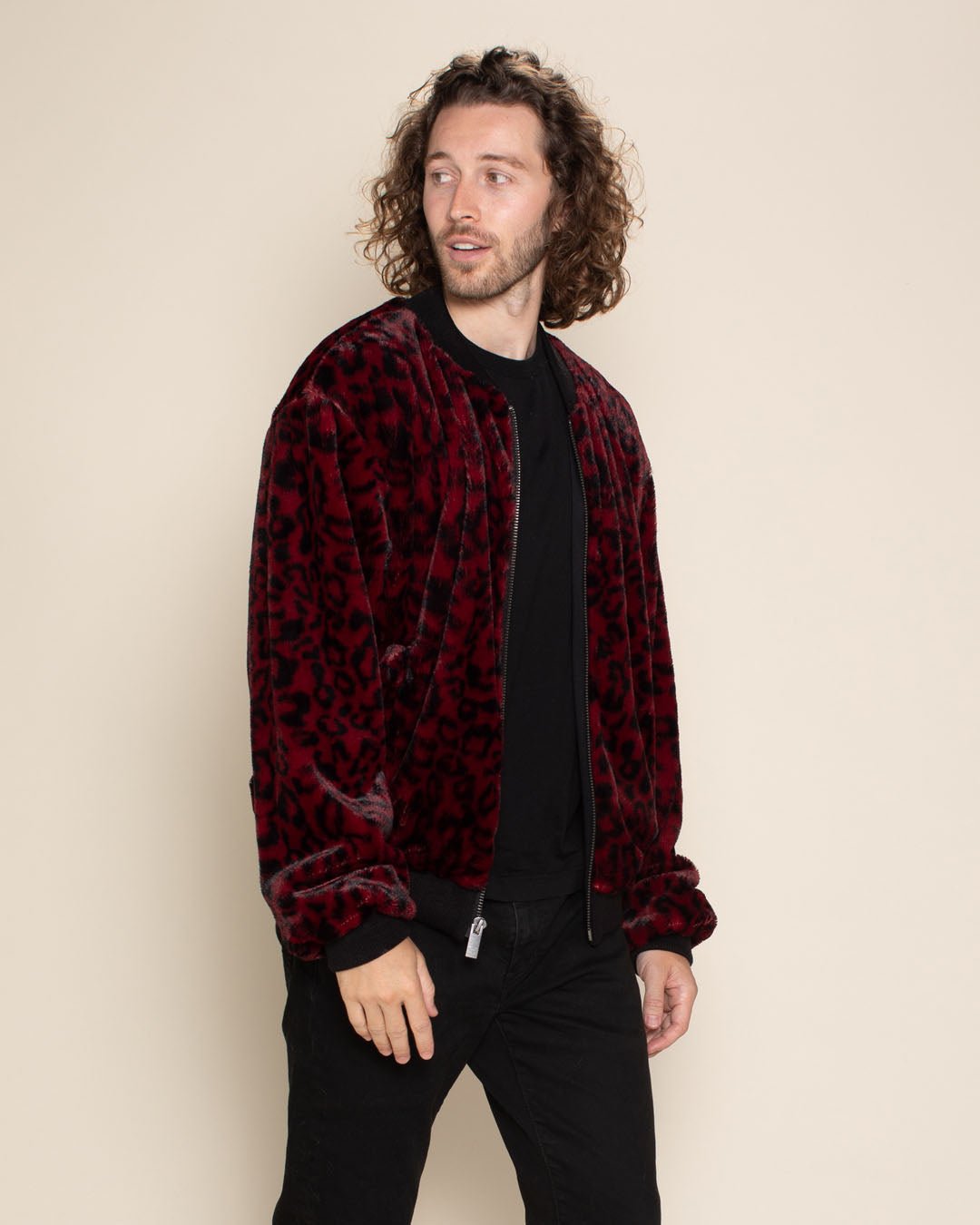 Burgundy Leopard Ultra Soft Faux Fur Bomber Jacket | Men's