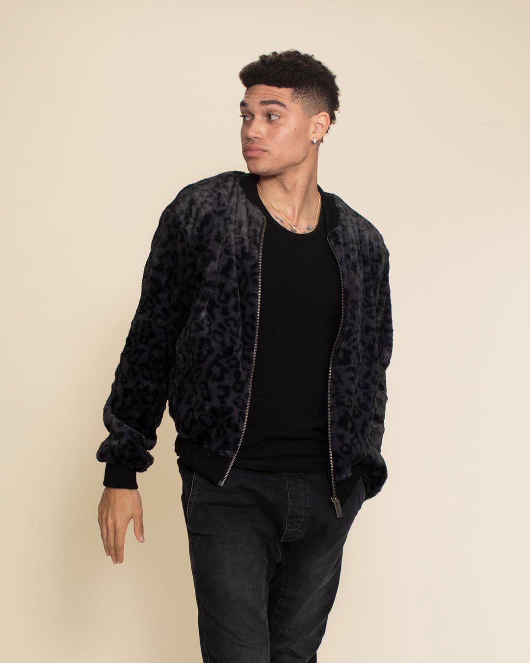 Slate Leopard ULTRA SOFT Faux Fur Bomber Jacket | Men's