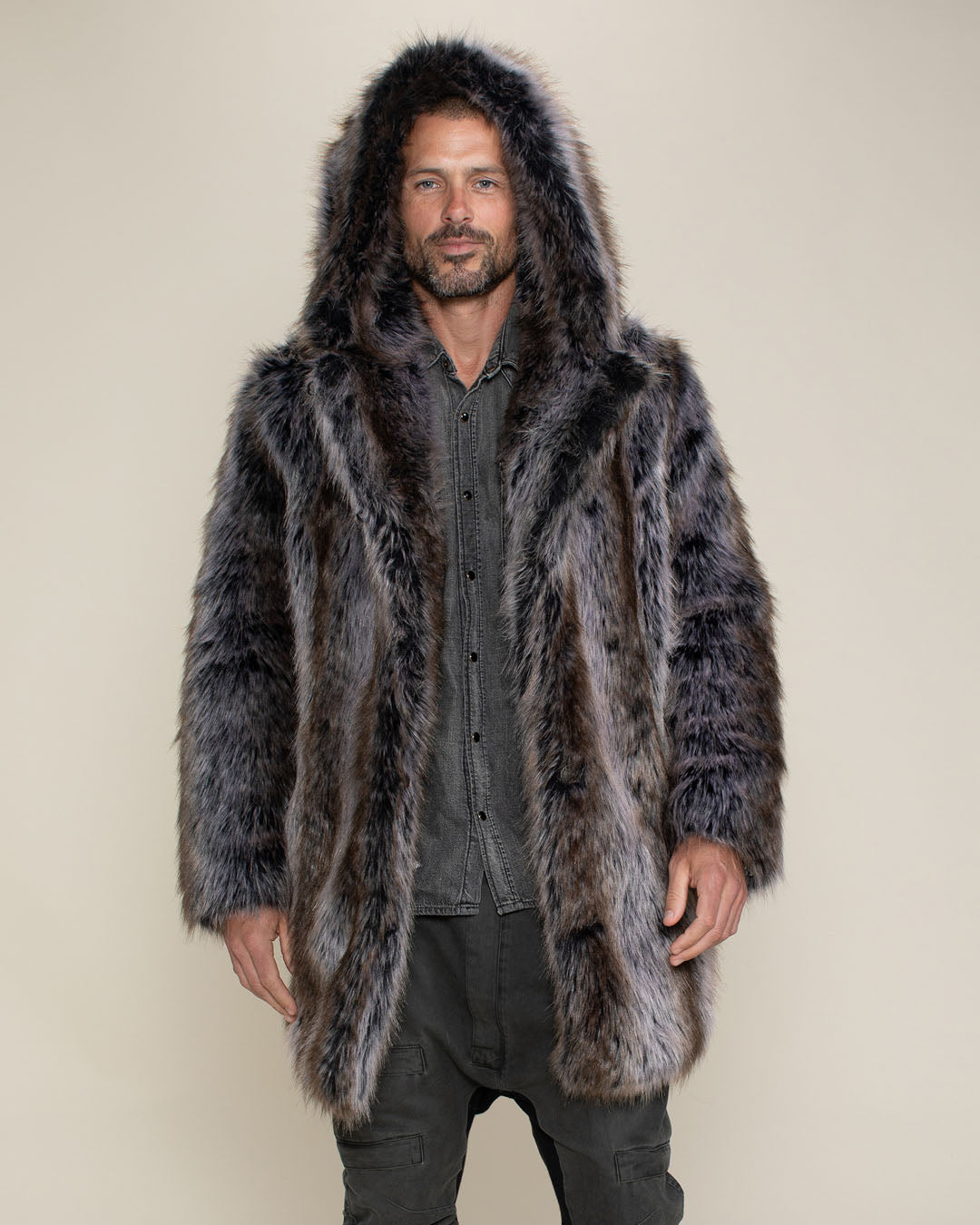 Men Natural White Real Fox Fur Coat Winter Warm Fur Jackets Hooded Fur  Outerwear
