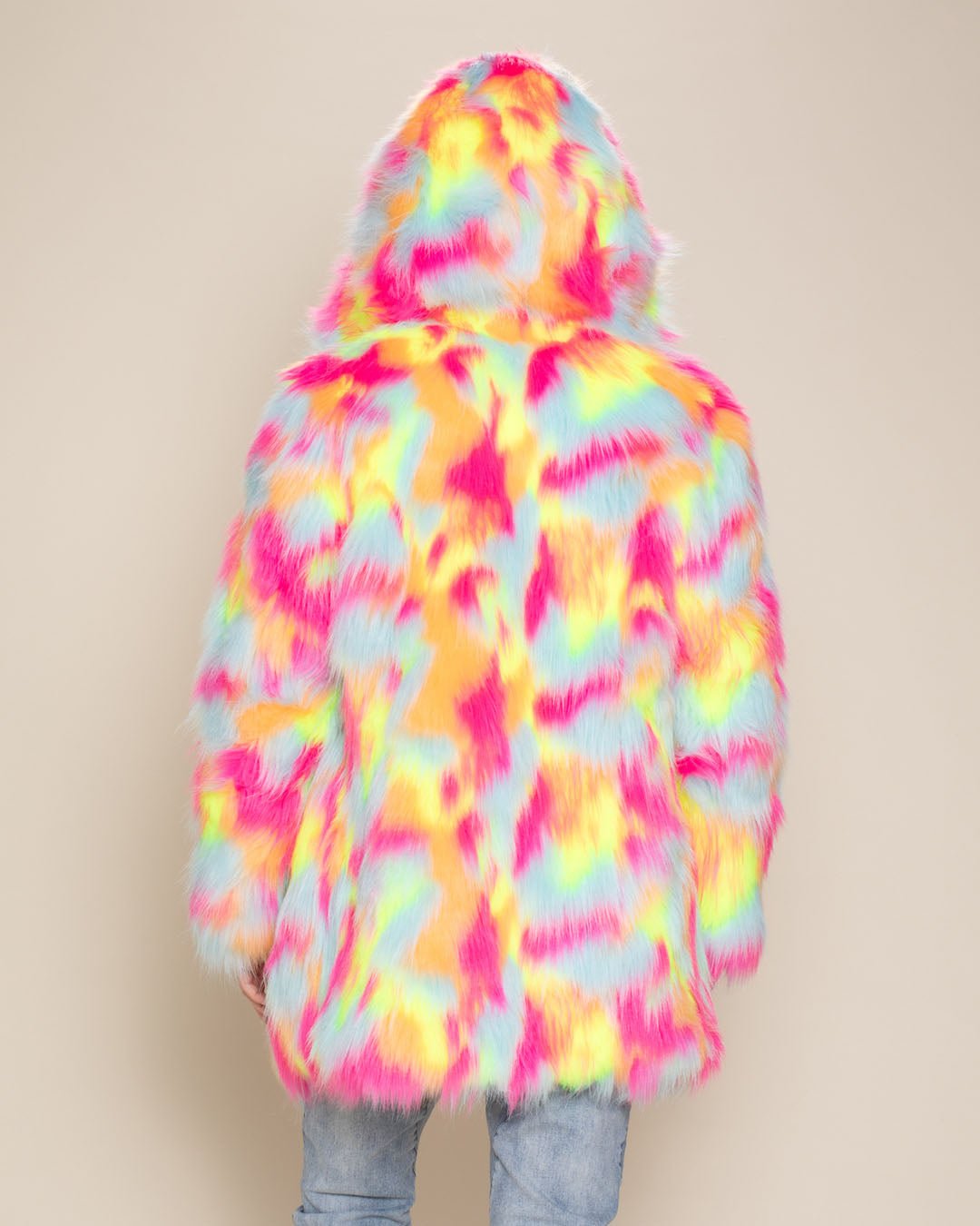 Men s Faux Fur Coat with Hood Neon Calico Cat S neon pink orange blue yellow