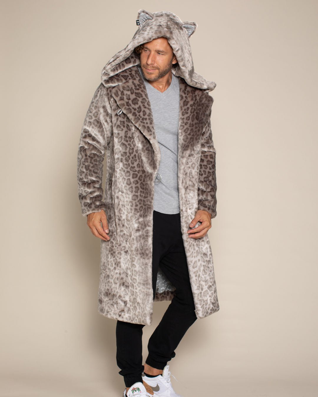 Classic Men's Long Faux Fur Coat | Silver Leopard