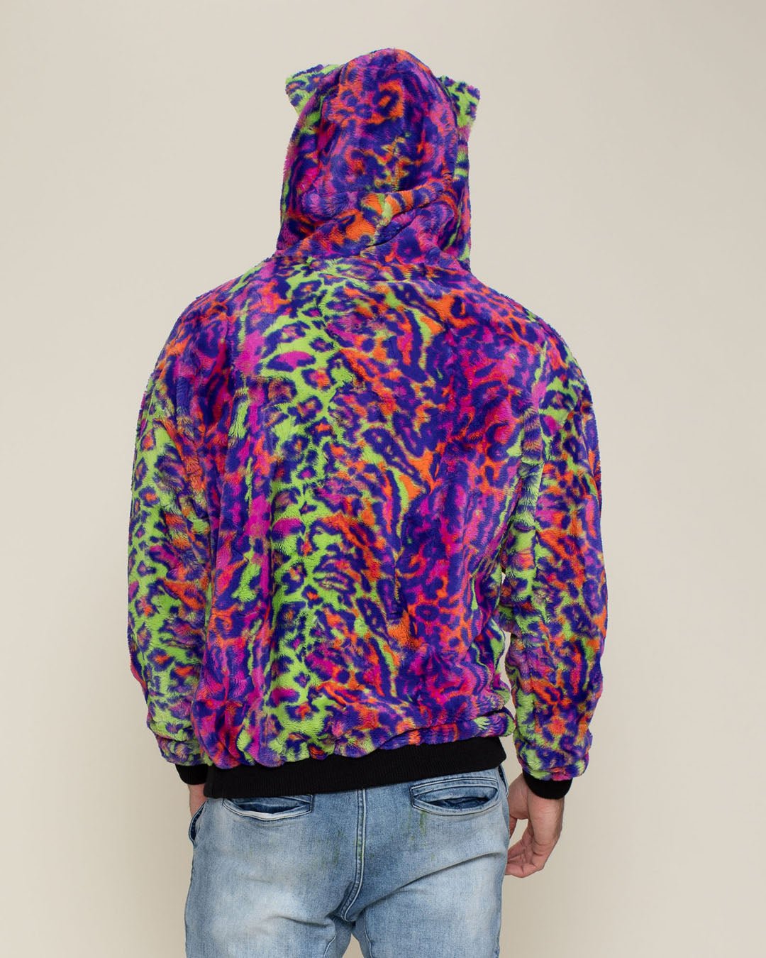 Classic Men's Fur Hoodie | Neon Disco Cat