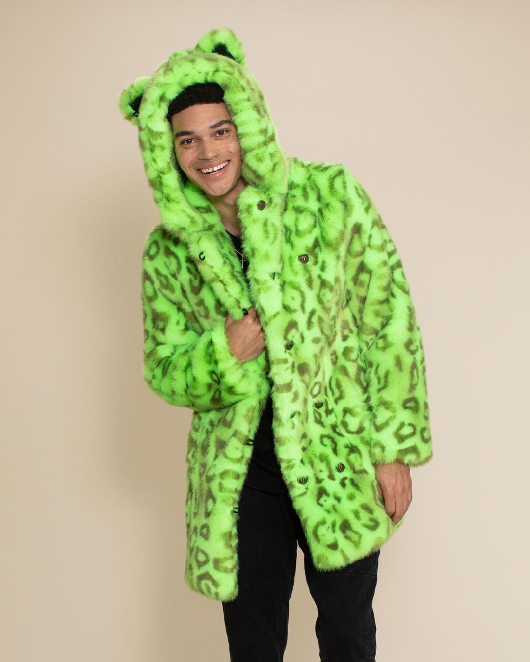 Classic Men&#39;s Faux Fur Coat | Neon Green Leopard