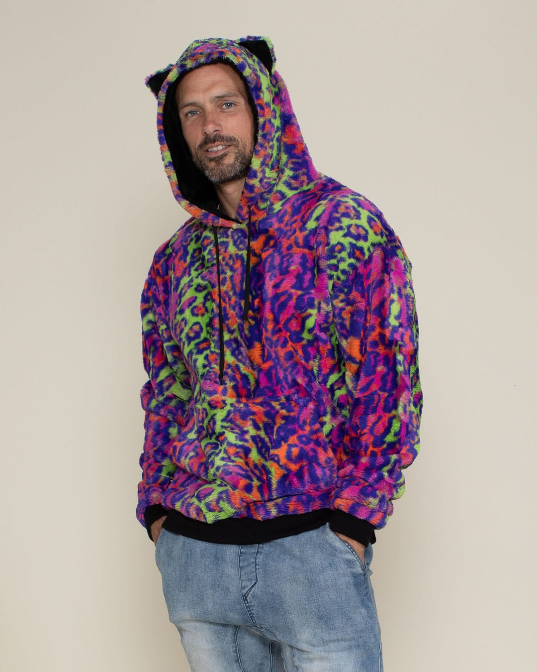 Classic Men&#39;s Fur Hoodie | Neon Disco Cat