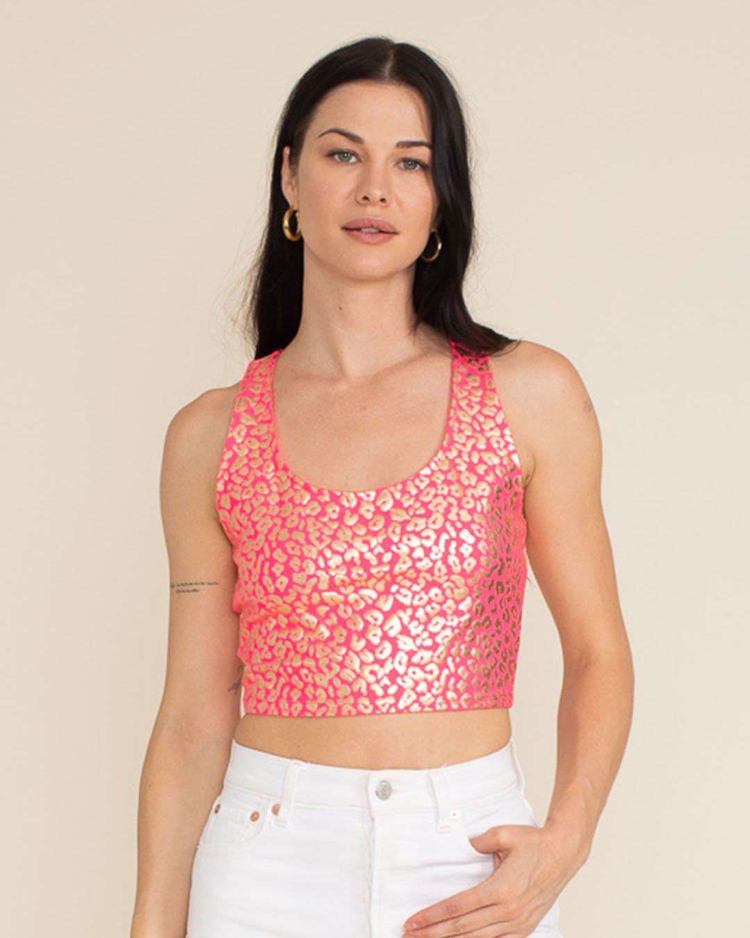 Neon Pink Royal Leopard Foil Crop Tank Top | Women's