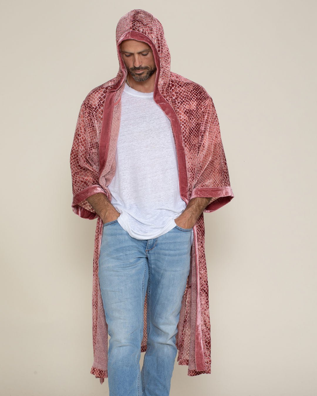 Rose Crocodile Hooded Burnout Velvet Kimono | Men's