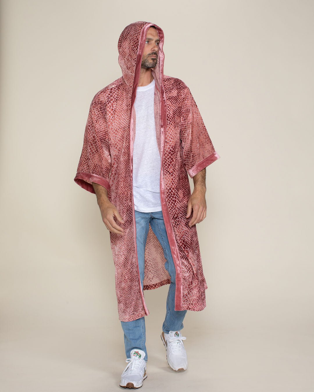 Rose Crocodile Hooded Burnout Velvet Kimono | Men's