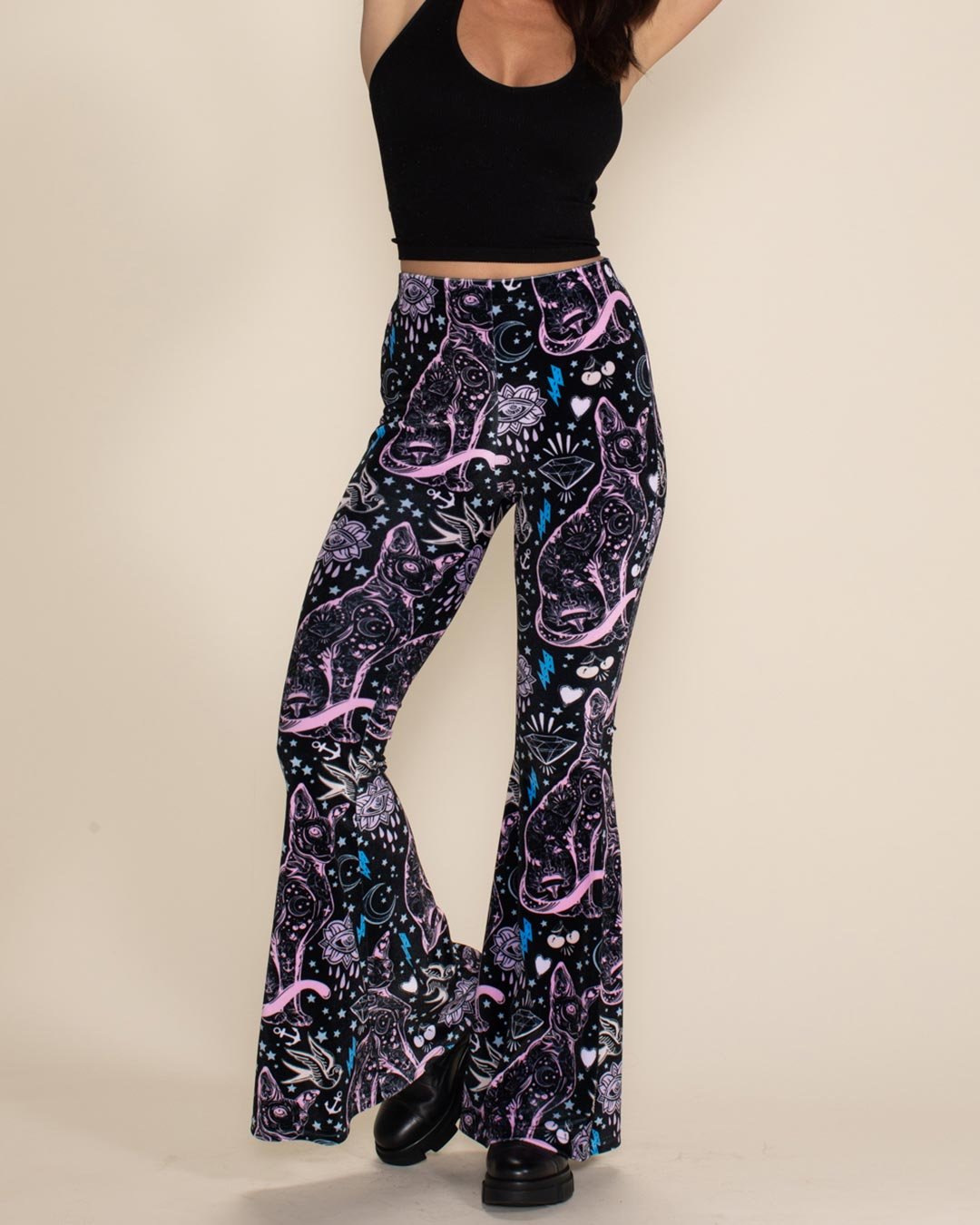 Women's Velvet Flare Pant | Black and Pink Sailor Kitty