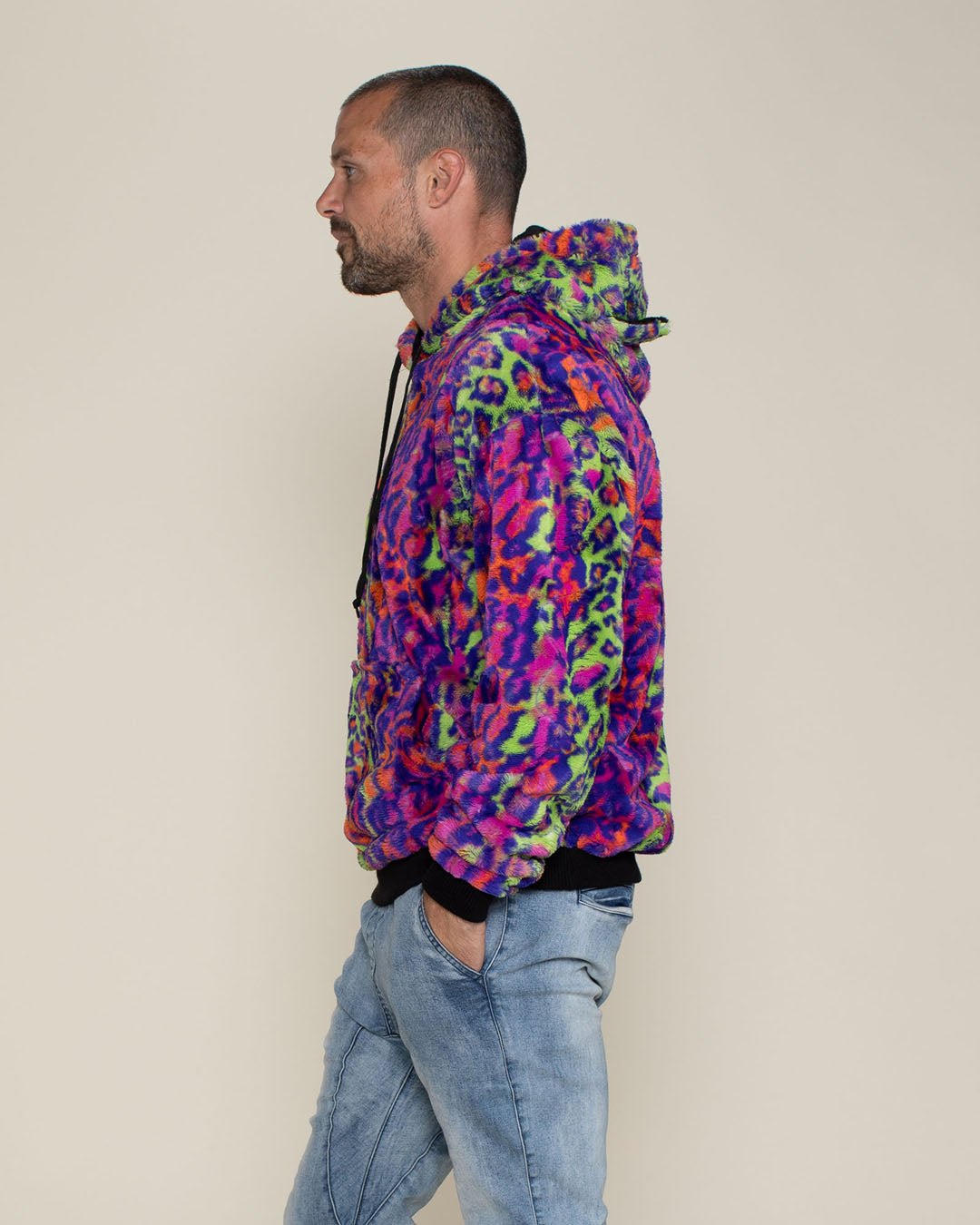 Classic Men's Fur Hoodie | Neon Disco Cat