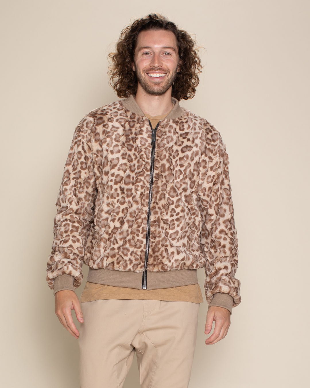 Men's Faux Fur Jacket | Tan Strawberry Leopard