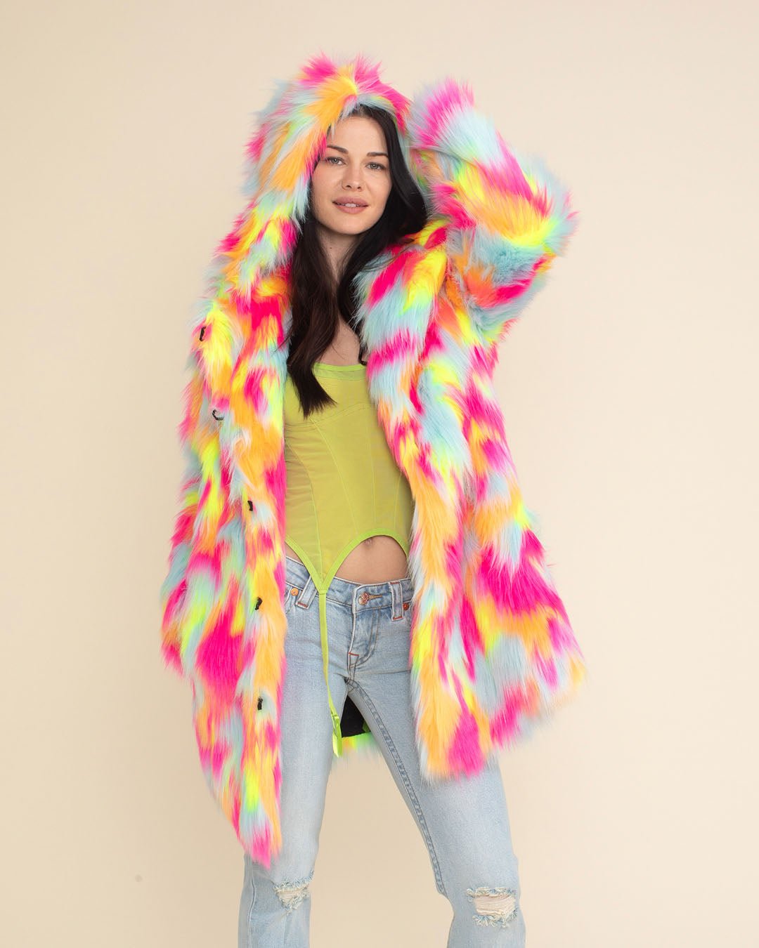 Hooded Women's Faux Fur Coat | Neon Calico Kitty