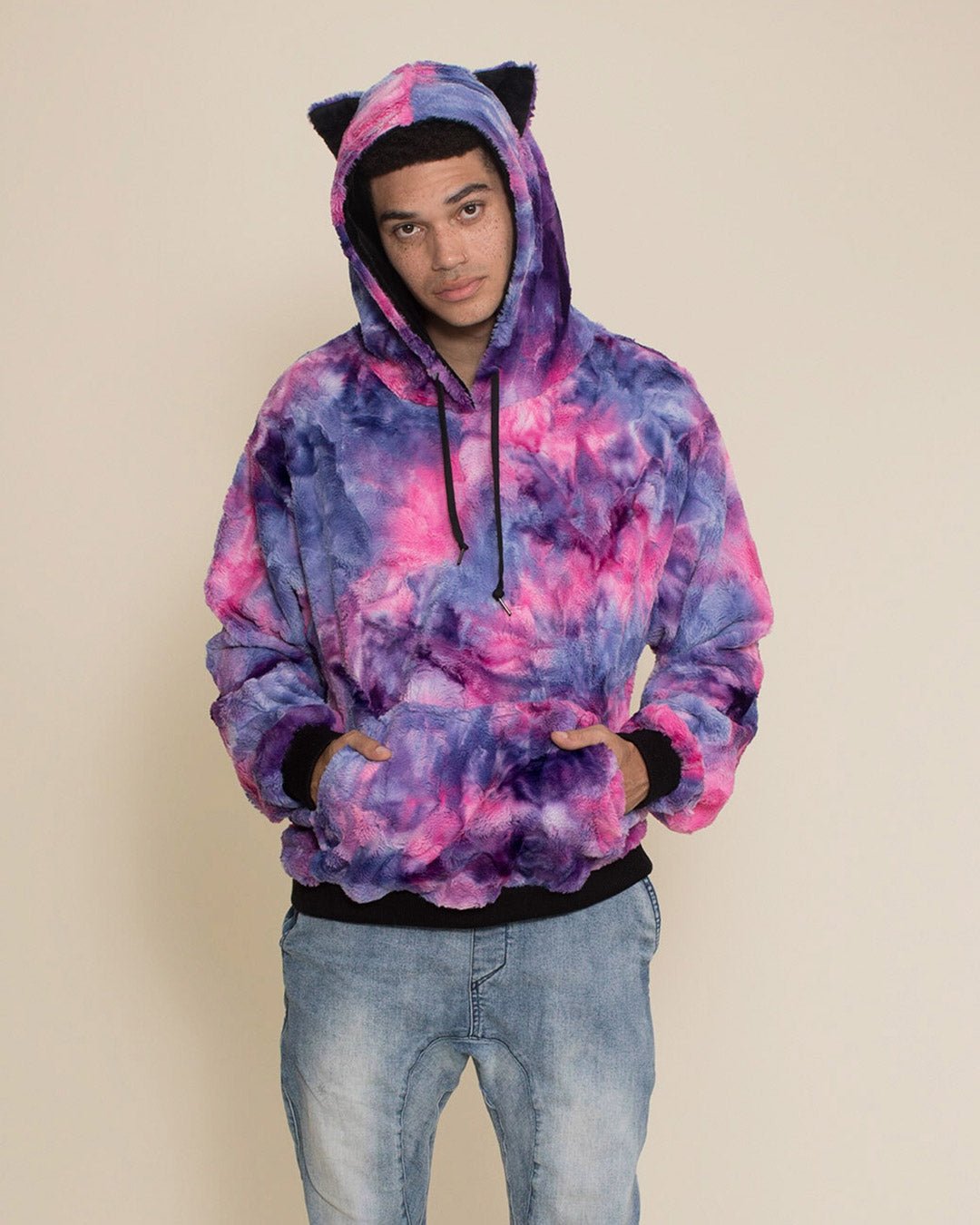 Fur Hoodie in Tie Dye Pink Blue for Men SpiritHoods