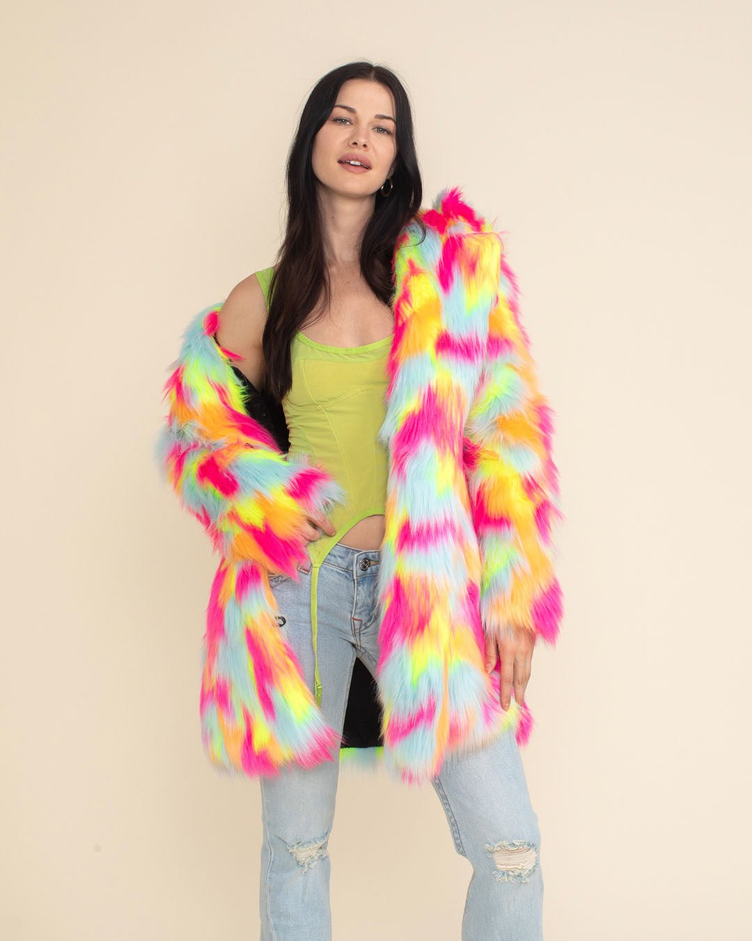 Hooded Women's Faux Fur Coat | Neon Calico Kitty