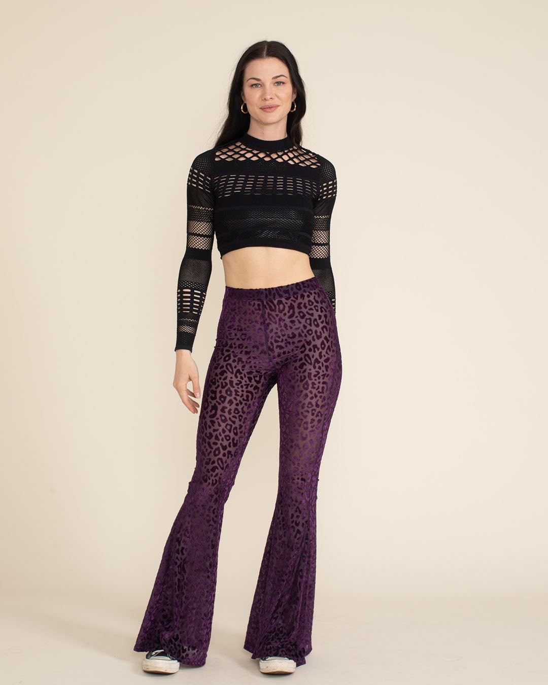 Women's Velvet Flare Pant | Violet Purple Burnout Leopard