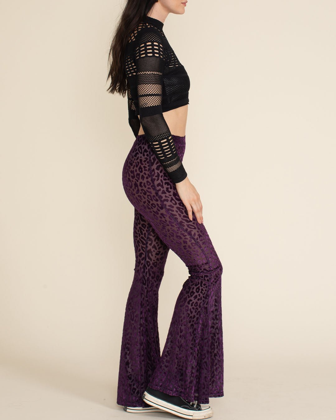 Women's Velvet Flare Pant | Violet Purple Burnout Leopard