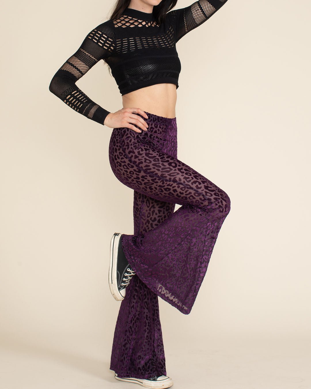 Women's Velvet Flare Pant | Violet Purple Burnout Leopard