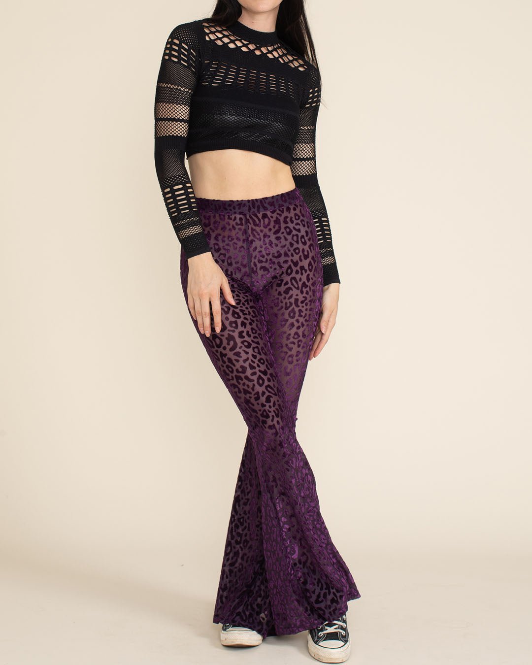 Women's Velvet Flare Pant | Violet Purple Burnout Leopard