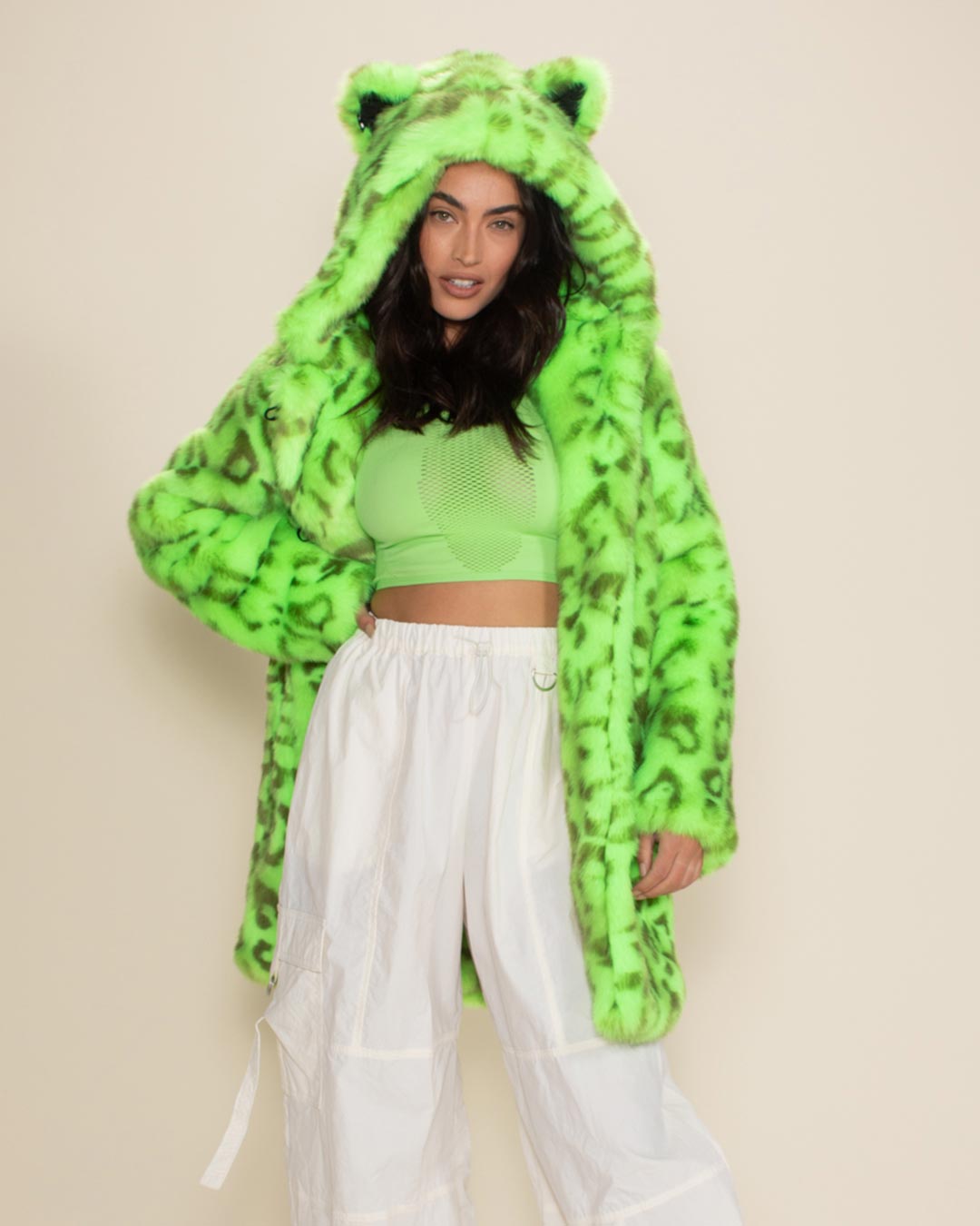 Colorful Faux Fur Coat Womens Neon Green Leopard Print M neon green leopard