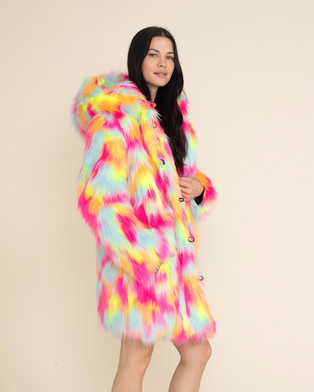 Hooded Women's Faux Fur Coat | Neon Calico Kitty