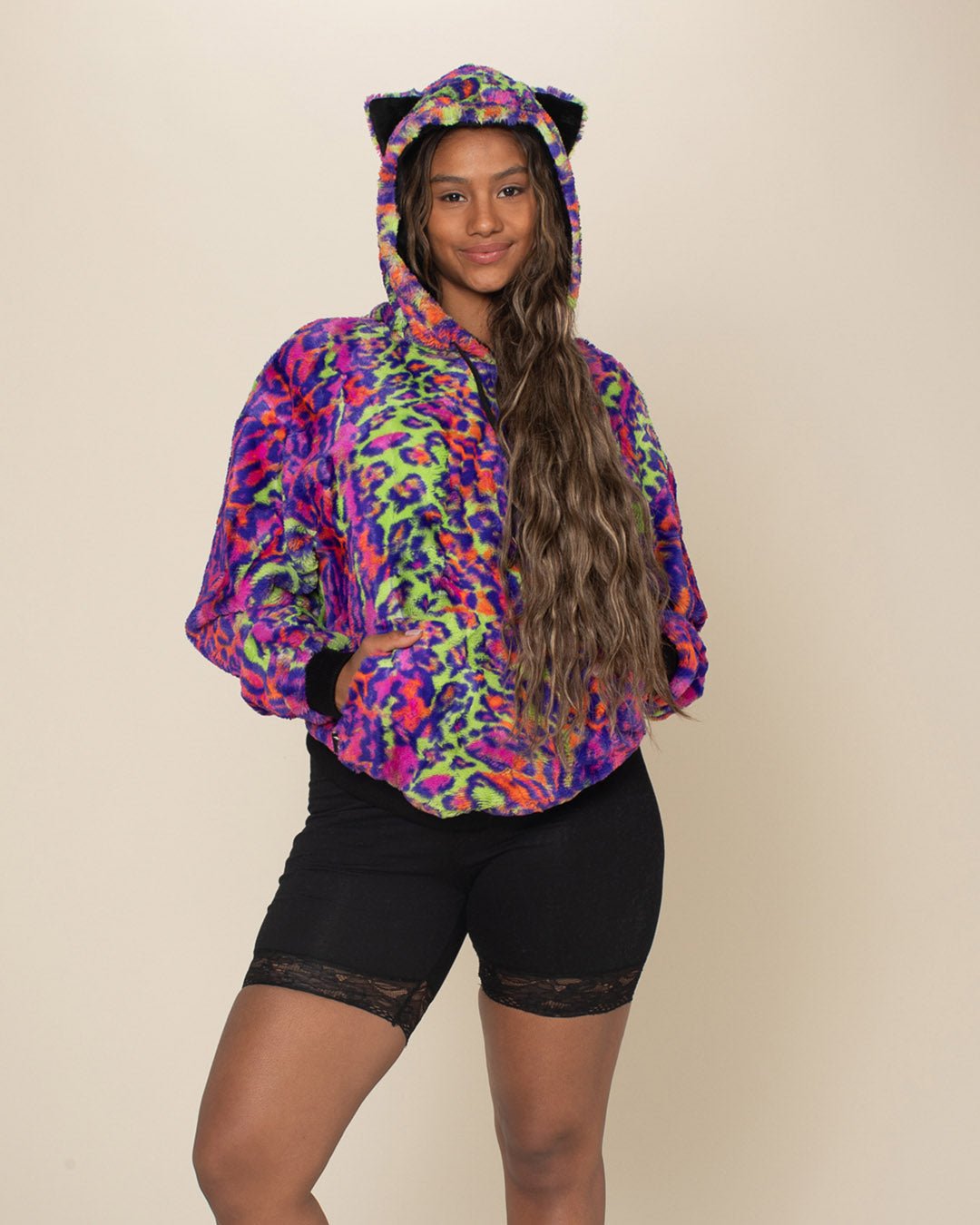 Classic Women&#39;s Fur Hoodie | Neon Disco Kitty