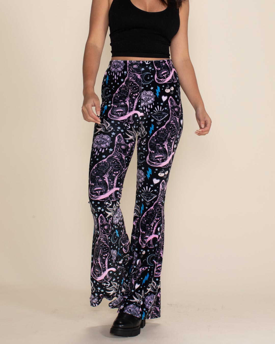 Women's Velvet Flare Pant | Black and Pink Sailor Kitty