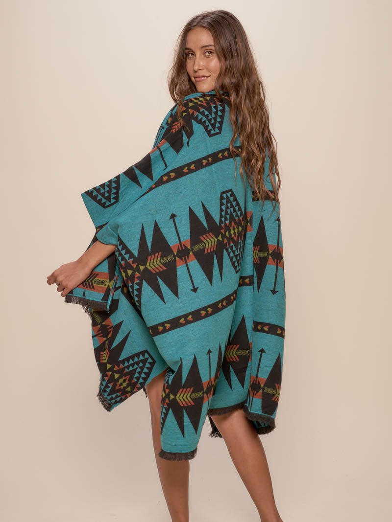 Woman wearing Grey Wolf Fabric Poncho, back view