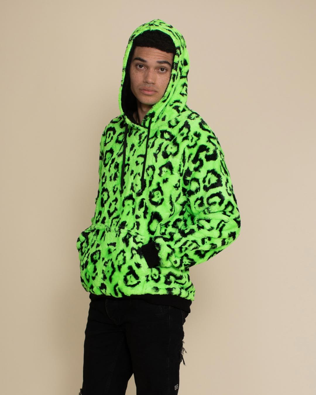 Men's Fur Hoodie | Neon Green Leopard