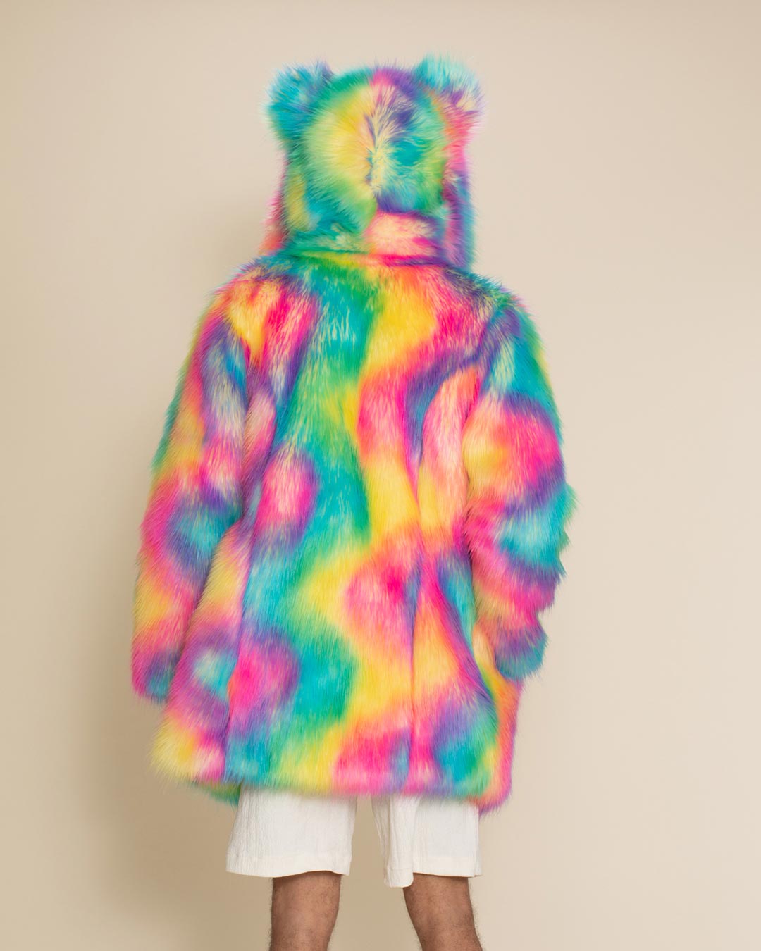 Male model with back to camera wearing Rainbow Bear Classic faux fur jacket with hood and ears up.