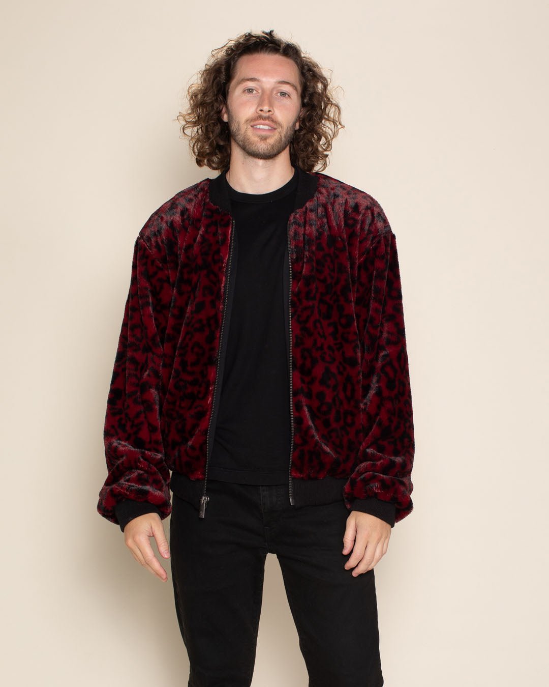 Burgundy Leopard Ultra Soft Faux Fur Bomber Jacket | Men's