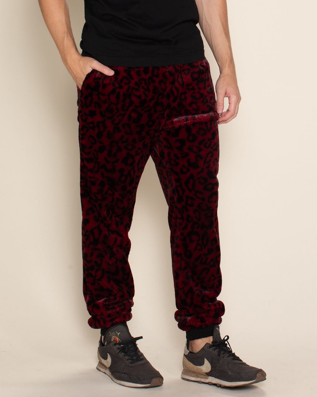 Men's Designer Sweatpants | Red Burgundy Leopard