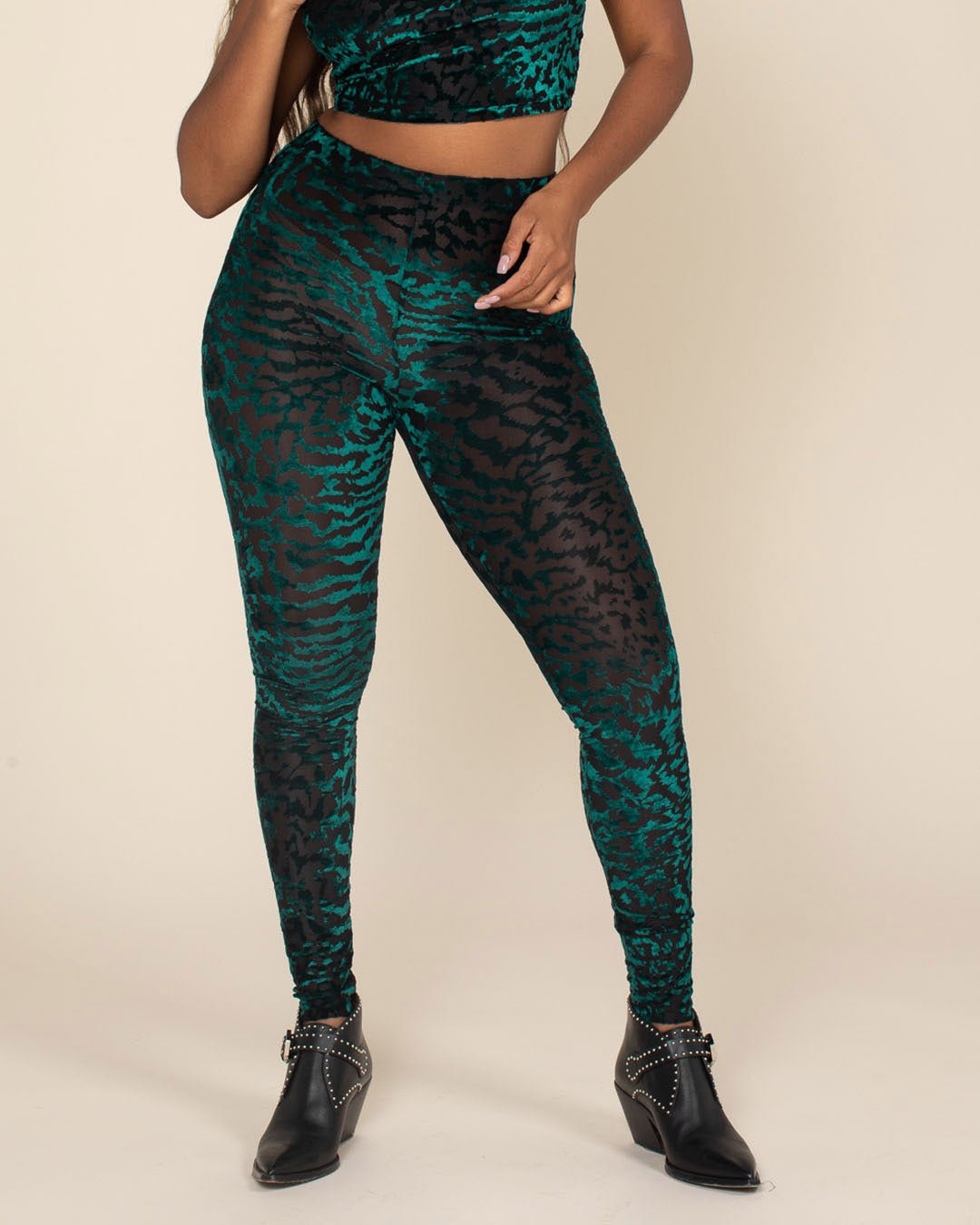 Women's Velvet Leggings | Emerald Green Burnout Tiger