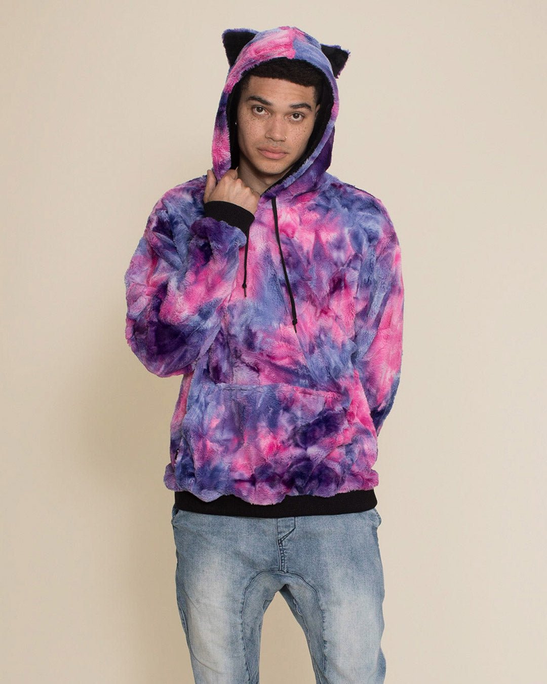 Fur Hoodie in Tie Dye Pink Blue for Men SpiritHoods